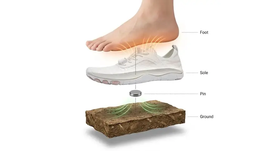Exploded view diagram showing grounding pin mechanism connecting foot to earth