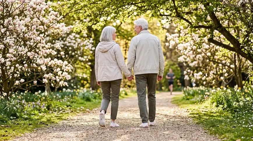 Couple walking in spring sunshine